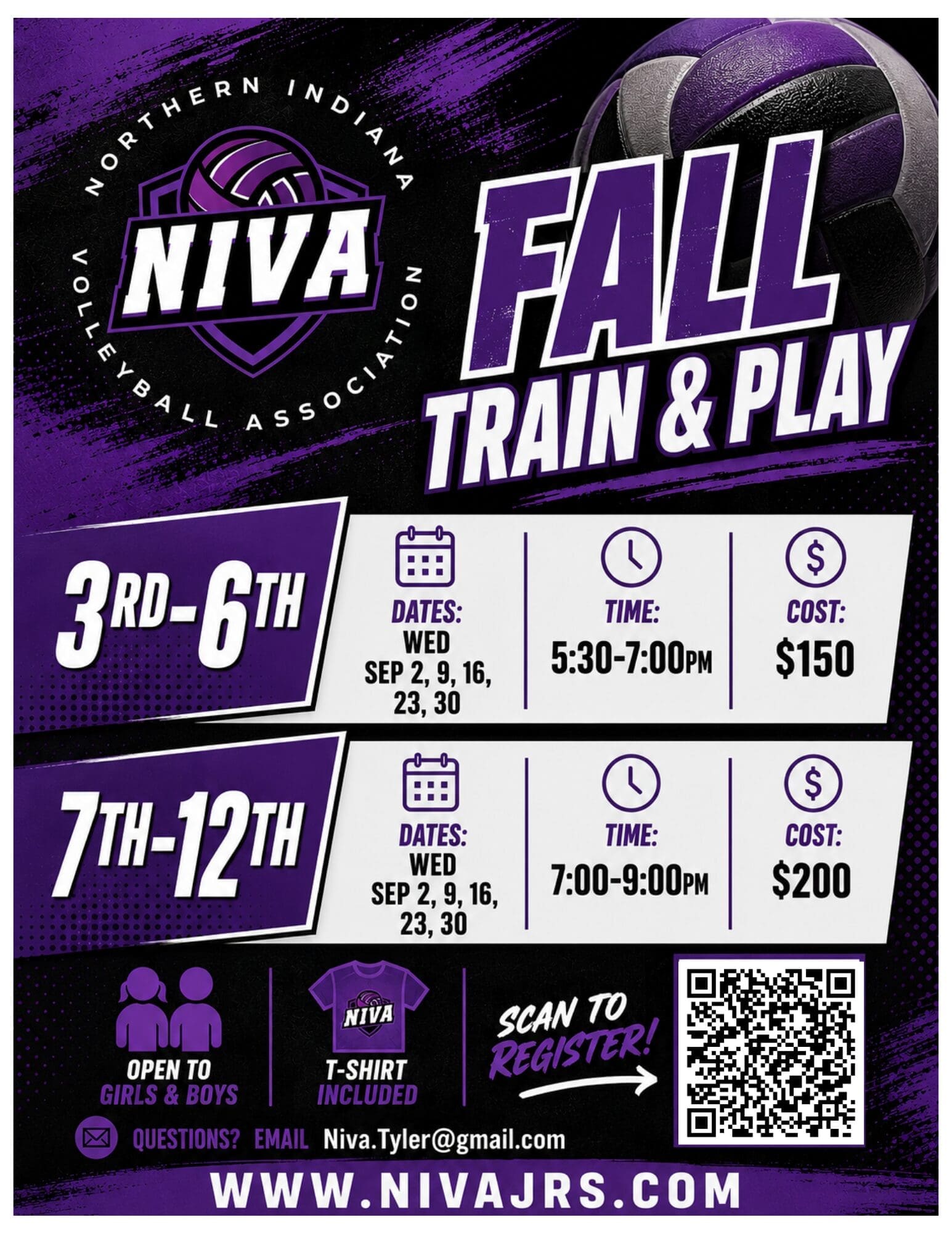 NIVA Fall Train and Play, grades 3rd to 12th. Click to register